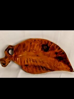 Small Vintage Hand Carved Monkey Pod Wood Leaf Tray Rustic Serving Dish